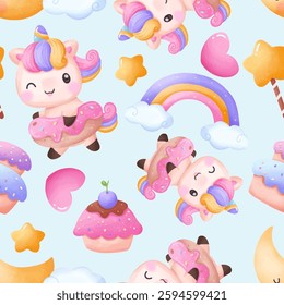 Adorable unicorn themed seamless pattern for fabric, wallpaper and many more