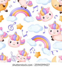 Adorable unicorn themed seamless pattern for fabric, wallpaper and many more