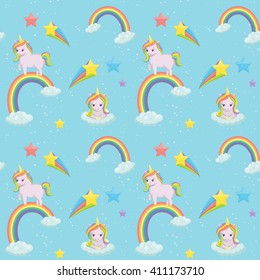 Adorable unicorn themed seamless vector pattern. Cute unicorns on the clouds, rainbows, comets and sparkling stars and elements on blue background.