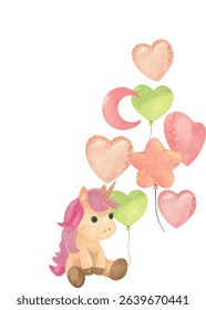 Adorable unicorn toy with a bunch of cheerful balloons. Ideal for birthday cards, baby shower invitations, and children’s room art.