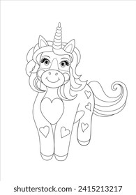 Adorable unicorn, very simple, white background, thick lines. Cartoon vector illustration for coloring book or coloring page.