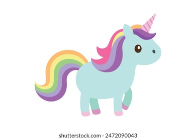 Adorable unicorn with a vibrant, rainbow-colored mane. This detailed vector art illustration captures its whimsical charm perfectly.