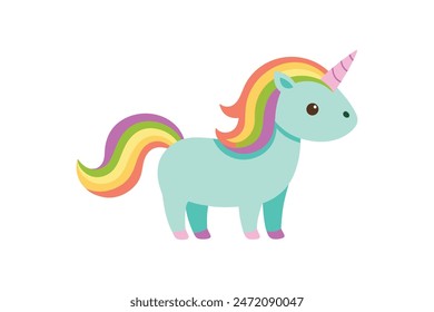 Adorable unicorn with a vibrant, rainbow-colored mane. This detailed vector art illustration captures its whimsical charm perfectly.