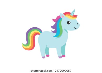 Adorable unicorn with a vibrant, rainbow-colored mane. This detailed vector art illustration captures its whimsical charm perfectly.