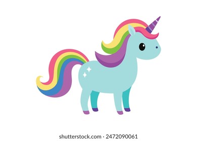 Adorable unicorn with a vibrant, rainbow-colored mane. This detailed vector art illustration captures its whimsical charm perfectly.