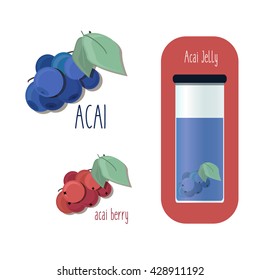 Adorable and unique set of different colors acai berries and a can of jelly. Vector illustration. Healthy food, superfood art. Logo, poster, banner, background, element, icon, package. 100% natural 