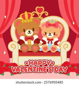 Adorable Valentine Bears in a Romantic Royal Scene. Adorable Valentine's Day illustration featuring a royal teddy bear couple sitting on a throne surrounded by romantic decorations.