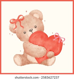 Adorable Valentine Coquette Teddy Bear Hug Red Heart in Watercolor Hand Painted