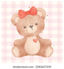 Adorable Valentine Coquette Teddy Bear with red bow in Watercolor Hand Painted