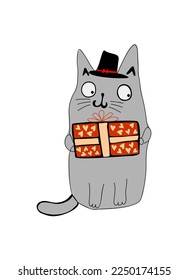 Adorable valentines cat. Cute kitty wearing hat with Romantic Valentines Day gift. Pet cartoon vector illustration for greeting card, poster. Digital sticker. Isolated on white background.