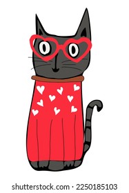 Adorable valentines cat. Cute kitty with Romantic Valentines Day decorations - heart shape glasses and sweater with small hearts. Pet vector illustration for greeting card, poster. Digital sticker.