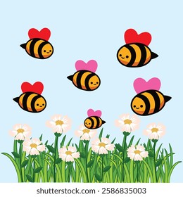 An adorable Valentine's Day drawing featuring smiling bees with heart-shaped wings buzzing over a field of daisies. A charming and playful love-themed design perfect for cards, prints, and decor.