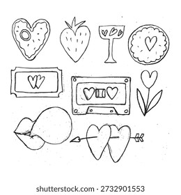 Adorable Valentine's Day elements in 90s style. Lips, hearts, cassette tape, strawberry, glass, flowers, cookies, stamp. Clipart. Vector illustration.