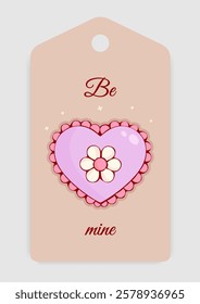 Adorable Valentine's Day gift tag with pink heart and floral design, featuring Be Mine text. Perfect for romantic gifts and celebrations. Vector art.