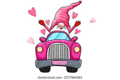 Adorable Valentine's Day Gnome Driving a Heart-Filled Love Truck