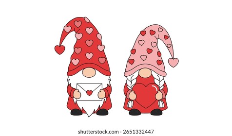Adoráveis gnomos do dia dos namorados vestindo chapéus decorados do coração segurando corações