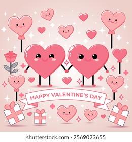 Adorable Valentine's Day illustration featuring two smiling heart characters holding hands, surrounded by cute heart balloons, gifts, roses, and sparkling elements. Perfect for love and romance themes