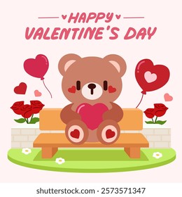 Adorable Valentine's Day illustration featuring a cute teddy bear holding a heart on a park bench, surrounded by balloons and roses.