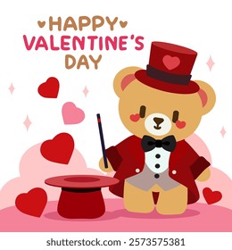 Adorable Valentine's Day illustration featuring a teddy bear dressed as a magician with a top hat and wand, performing heart magic in a romantic setting.