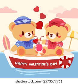 Adorable Valentine's Day illustration featuring sailor teddy bears enjoying a romantic boat ride with hearts and a shared drink.