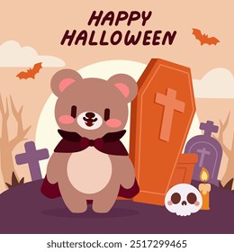 Adorable Vampire Bear in a Halloween Graveyard. Cute Halloween Illustration. Happy Halloween with Kawaii Bear Vampire. Spooky Graveyard Scene. 