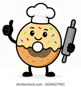 Adorable vanilla donut character with colorful sprinkles, wearing a white chef hat and holding a rolling pin. Perfect for bakery, pastry, and food-themed designs.