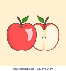 Adorable vector art of cute, cartoon apple in flat style. Features whole and split apples with leaf