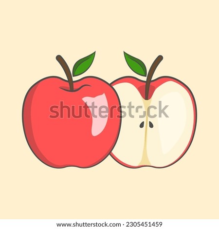 Adorable vector art of cute, cartoon apple in flat style. Features whole and split apples with leaf