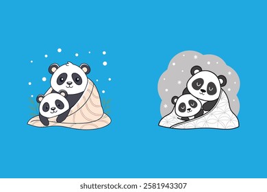 Adorable vector artwork of two pandas cuddling under a cozy blanket during winter. Perfect for seasonal designs, prints, and digital projects.