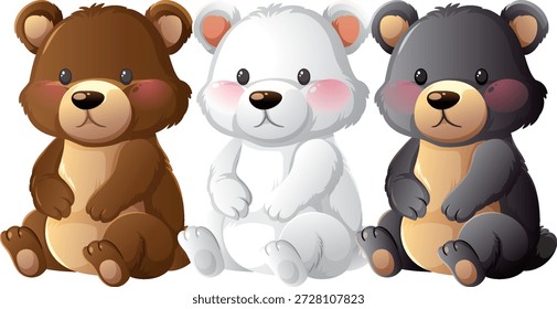Adorables cachorros de oso de Vector en marrón, blanco y negro, sentados con sombras suaves y reflejos