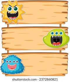 Adorable vector cartoon creatures displayed on a wooden signboard