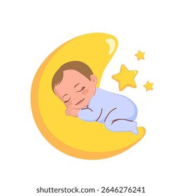 Adorável vetor ilustração de desenho animado de um menino em pijamas azuis pacificamente dormindo em uma lua fofa com três estrelas. Desenho para impressões de berçário, produtos para bebês e temas para dormir calmante