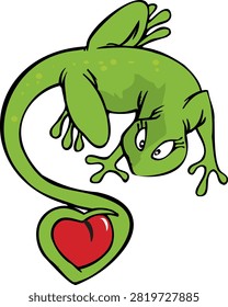 Adorable vector cartoon illustration of a green lizard or gecko looking down with its tail curled into a heart shape around a red heart. Features a playful, romantic design style with clean outlines, ideal for Valentine's Day cards, stickers, children's books, love-themed graphics, and decals.