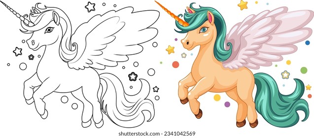 Adorable vector cartoon illustration of a unicorn for coloring