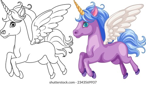 Adorable vector cartoon illustration of a unicorn for coloring