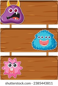 Adorable vector cartoon monsters displayed on a wooden signboard