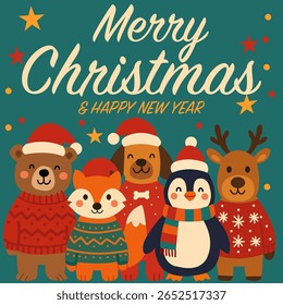 Adorable vector Christmas and New Year card featuring group of festive animals in sweaters and Santa hats. Includes bear, fox, dog, penguin and reindeer on teal background with stars and confetti.
