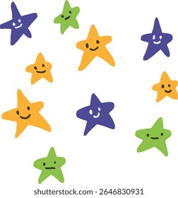 Adorable vector collection of mini star characters with cheerful smiling faces. Designed in a playful and friendly style, perfect for use in children’s illustrations, stickers, and greeting cards.
