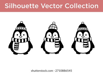 Adorable colección de Vector de tres lindas siluetas de pingüino con sombreros de invierno y bufandas a rayas.