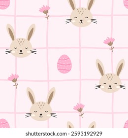 Adorable vector festive bunny and floral seamless pattern, designed for Easter wrapping paper, baby fabric, and whimsical Scandinavian-inspired home decor