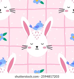 Adorable vector festive bunny and floral seamless pattern, designed for Easter wrapping paper, baby fabric, and whimsical Scandinavian-inspired home decor
