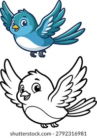 Adorable vector graphic featuring a cute cartoon blue bird flying happily with open wings, alongside its black and white outline coloring page template. This cheerful little sparrow or bluejay character has big glittering eyes and a sweet smile. Perfect design asset for children activity books, preschool educational worksheets, kids craft projects, greeting cards, and nursery wall prints. Clean scalable line art.