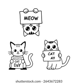 Adorable vector illustration of baby cats in chibi style with big eyes, holding signs for International Cat Day. Perfect for posters, cards, and cute pet-themed designs.