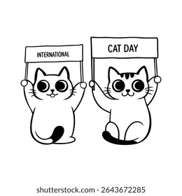 Adorable vector illustration of baby cats in chibi style with big eyes, holding signs for International Cat Day. Perfect for posters, cards, and cute pet-themed designs.
