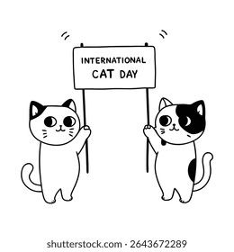Adorable vector illustration of baby cats in chibi style with big eyes, holding signs for International Cat Day. Perfect for posters, cards, and cute pet-themed designs.