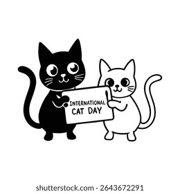 Adorable vector illustration of baby cats in chibi style with big eyes, holding signs for International Cat Day. Perfect for posters, cards, and cute pet-themed designs.