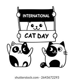 Adorable vector illustration of baby cats in chibi style with big eyes, holding signs for International Cat Day. Perfect for posters, cards, and cute pet-themed designs.