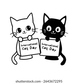 Adorable vector illustration of baby cats in chibi style with big eyes, holding signs for International Cat Day. Perfect for posters, cards, and cute pet-themed designs.