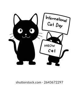 Adorable vector illustration of baby cats in chibi style with big eyes, holding signs for International Cat Day. Perfect for posters, cards, and cute pet-themed designs.