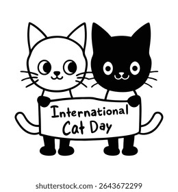 Adorable vector illustration of baby cats in chibi style with big eyes, holding signs for International Cat Day. Perfect for posters, cards, and cute pet-themed designs.